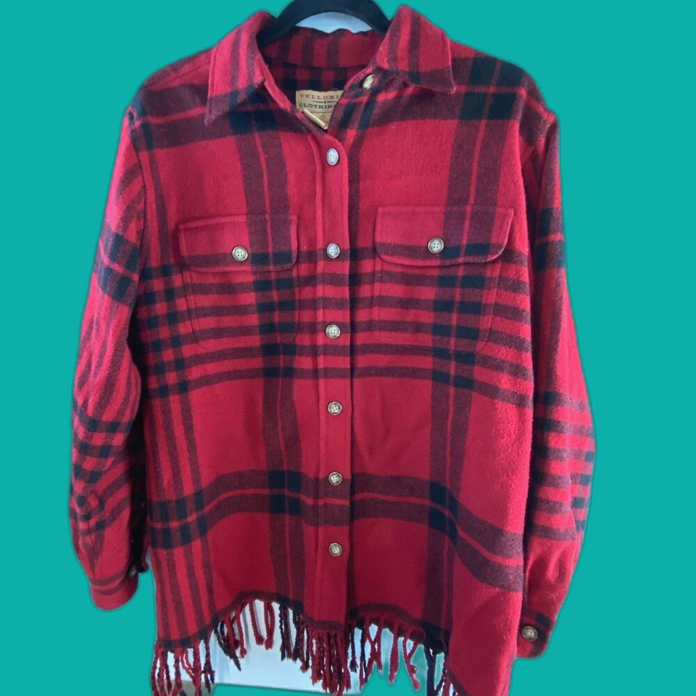 Telluride Womens Red Black Wool Blend Tartan Plaid Fringe Hem Jacket sz S